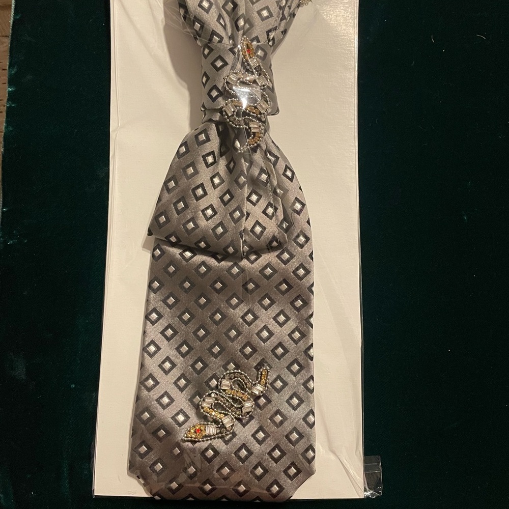 Necktie Necklace -Snakes. Custom Design 
100% Silk. Rhinestone beaded snakes.